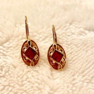 Antique Garnet and Gold Pierced Earrings - Purchased in Italy